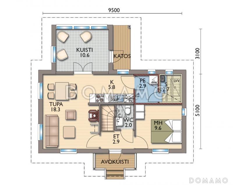 Проект каркасной сауны с спальней на мансардном этаже / План 1 этажа