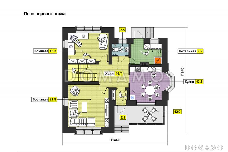 Проект дома одноэтажного дома из СИП панелей с мансардным этажом, эркером, балконами в спальне / План 1 этажа