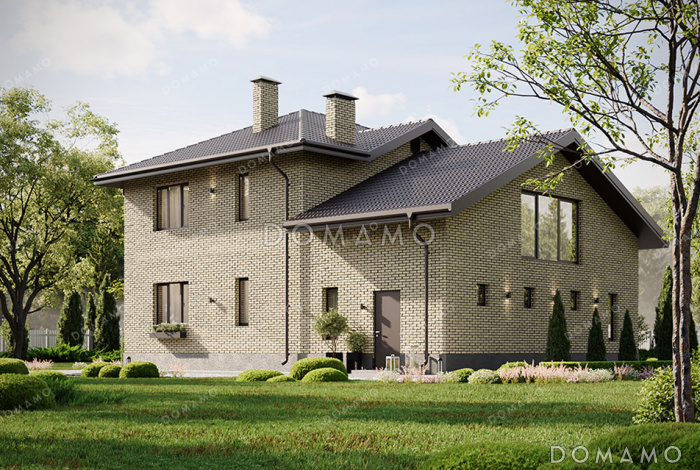 Проект современного двухэтажного дома с просторным гаражом, балконом, совмещенной кухней-гостиной и большим зимним садом на втором этаже Проект современного двухэтажного дома с просторным гаражом, балконом, совмещенной кухней-гостиной и большим зимним садом на втором этаже