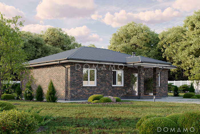 Проект одноэтажного прямоугольного дома с отделкой фасада кирпичом, одной внутренней несущей стеной, тремя спальнями и большой кухней-гостиной с выходом на крытую террасу Проект одноэтажного прямоугольного дома с отделкой фасада кирпичом, одной внутренней несущей стеной, тремя спальнями и большой кухней-гостиной с выходом на крытую террасу