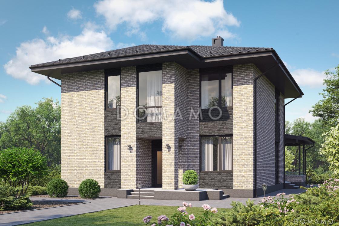 Проект двухэтажного газобетонного дома с большой гардеробной, пятью комнатами и пристроенной террасой / 1