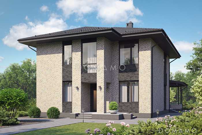 Проект двухэтажного газобетонного дома с большой гардеробной, пятью комнатами и пристроенной террасой