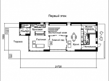 Проект двухэтажного дома с остеклением / План 1 этажа Проект двухэтажного дома с остеклением / План 1 этажа