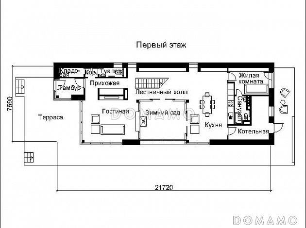 Проект двухэтажного дома с остеклением / План 1 этажа Проект двухэтажного дома с остеклением / План 1 этажа