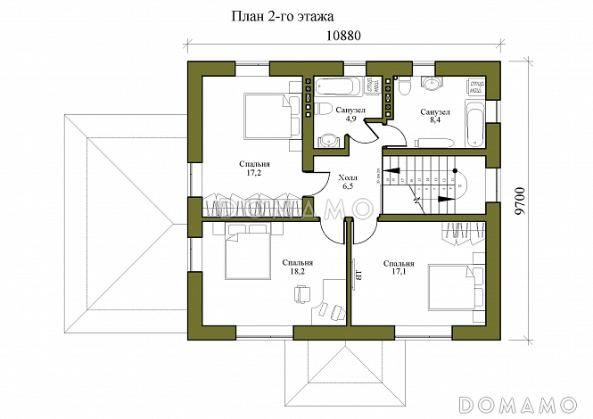Проект двухэтажного дома с тремя спальнями на втором этаже и спальней на первом этаже / План 2 этажа Проект двухэтажного дома с тремя спальнями на втором этаже и спальней на первом этаже / План 2 этажа