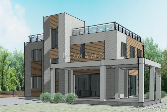 Проект загородного дома с просторной кухней-гостиной, кабинетом и сауной на втором этаже Проект загородного дома с просторной кухней-гостиной, кабинетом и сауной на втором этаже