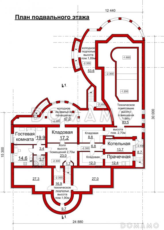 Проект коттеджа с двусветной гостиной, бильярдной и бассейном / План цокольного этажа Проект коттеджа с двусветной гостиной, бильярдной и бассейном / План цокольного этажа