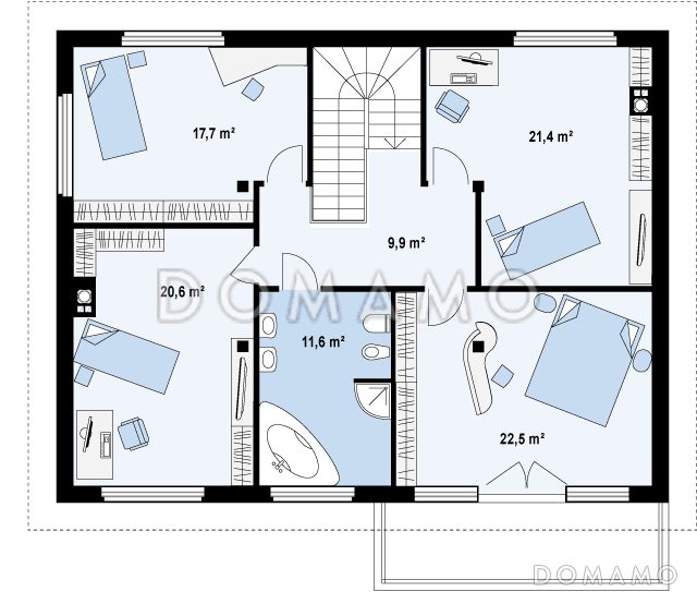 Проект просторного современного двухэтажного дома из газобетона, с пятью комнатами, гаражом и балконом / План 2 этажа