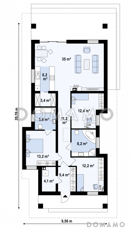 Проект комфортного одноэтажного дома из кирпича с тремя спальнями / План 1 этажа