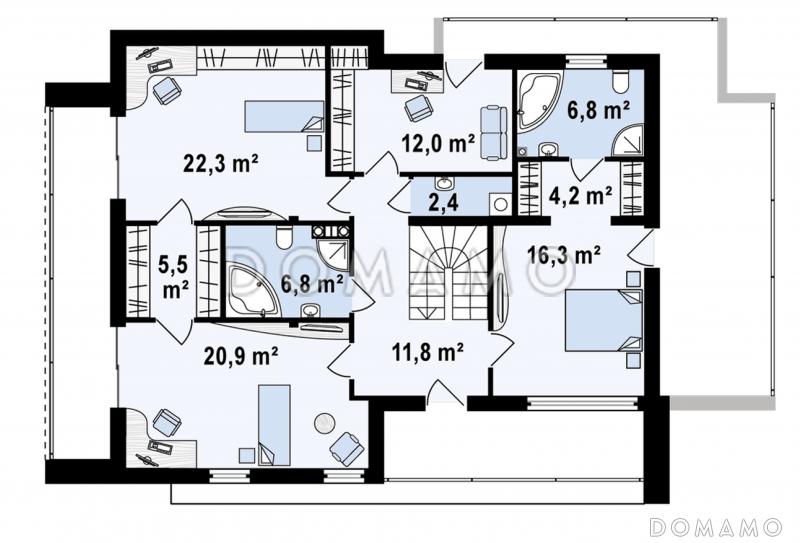 Проект просторного современного двухэтажного дома из кирпича, с пятью комнатами, большим гаражом и двумя лоджиями / План 2 этажа