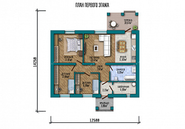 Проект одноэтажного дома, облицованного кирпичом, с тремя спальнями и террасой / План 1 этажа