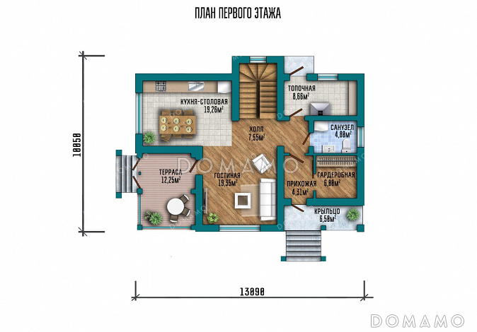 Проект двухэтажного дома с тремя спальнями и верандой / План 1 этажа
