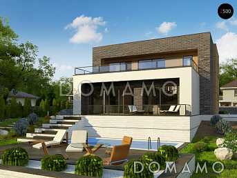 Проект современного двухэтажного дома из газобетона с плоской крышей, с четырьмя комнатами, гаражом и террасами на двух уровнях   Проект современного двухэтажного дома из газобетона с плоской крышей, с четырьмя комнатами, гаражом и террасами на двух уровнях