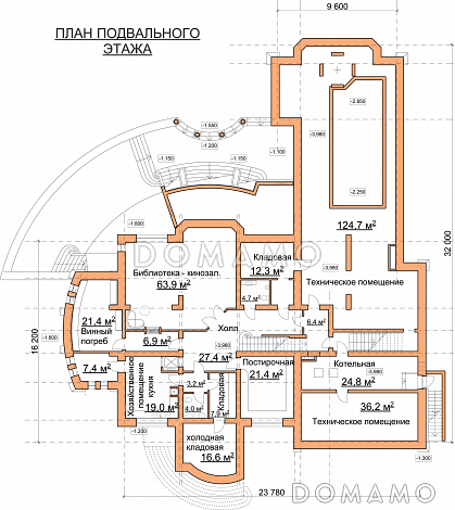 Проект роскошного особняка из кирпича с бассейном на первом этаже / План цокольного этажа