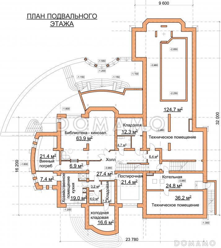 Проект роскошного особняка из кирпича с бассейном на первом этаже / План цокольного этажа