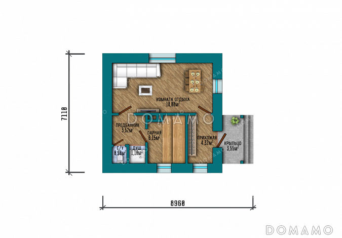 Проект компактной одноэтажной бани в классическом стиле с большой комнатой отдыха / План 1 этажа Проект компактной одноэтажной бани в классическом стиле с большой комнатой отдыха / План 1 этажа
