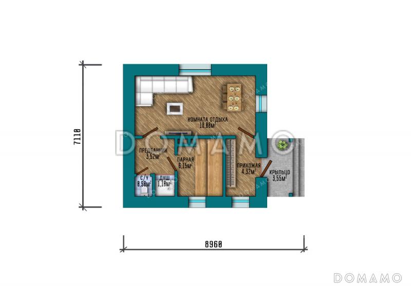 Проект компактной одноэтажной бани в классическом стиле с большой комнатой отдыха / План 1 этажа