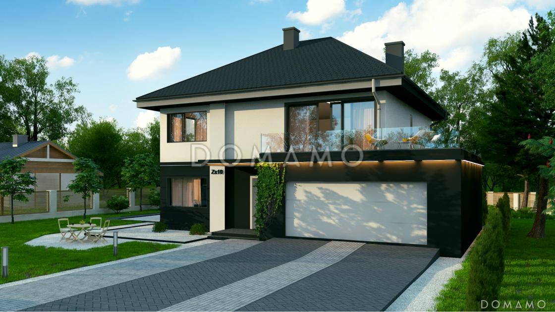 Проект двухэтажного дома с кладовой в кухне, гаражом, мастер-спальней на мансарде с террасой / 2