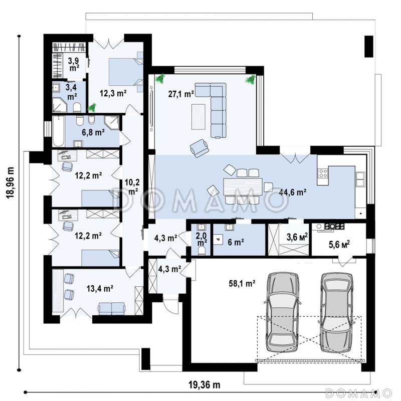 Проект дома из газобетона с просторной террасой и гаражом на 2 машины / План 1 этажа