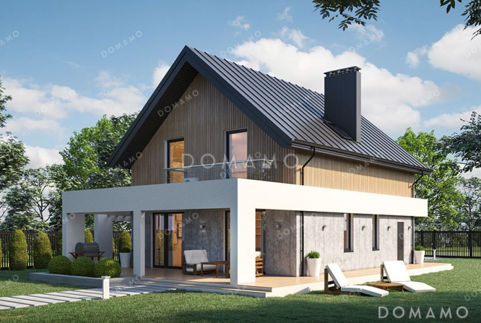 Проект дома с просторной террасой и мансардой