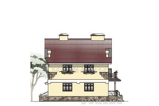 Проект дома из пеноблоков с цокольным этажом, гаражом, тремя спальнями и гостевой  комнатой на первом этаже / Фасад 3