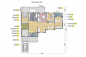 Проект кирпичного дома с небольшой мансардой / План 1 этажа Проект кирпичного дома с небольшой мансардой / План 1 этажа