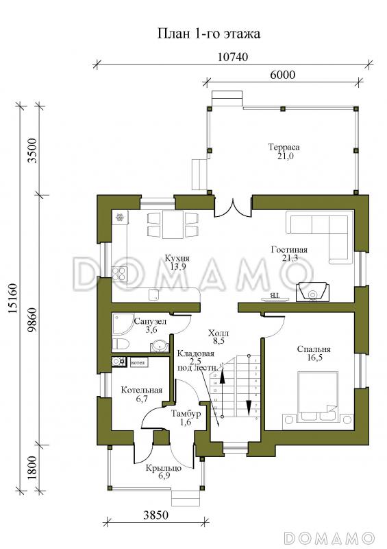 Проект одноэтажного дома из кирпича с мансардой и четырьмя спальнями / План 1 этажа