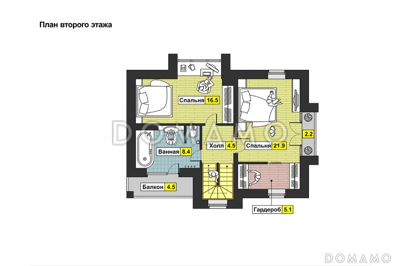 Проект загородного дома с открытой террасой и навесом для автомобиля, панорамными окнами / План мансардного этажа