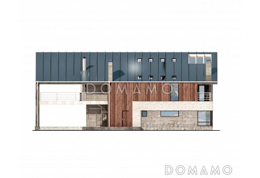 Проект современного дома с навесом на два автомобиля, большой террасой с барбекю, вторым светом, сауной / Фасад 1