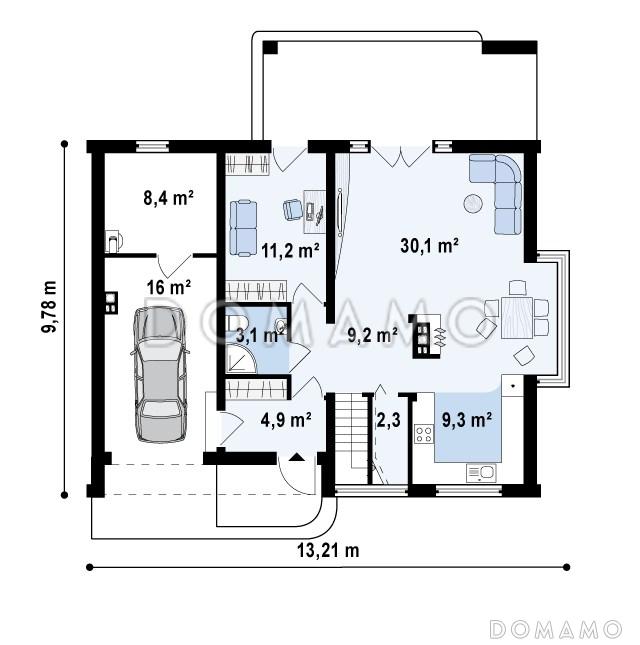 Проект одноэтажного мансардного дома из кирпича со стеклянным эркером в кухонной зоне, балконом над ним и гаражом / План 1 этажа