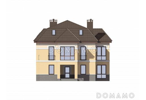 Проект двухэтажного особняка из газобетона с мансардой, балконом и террасой / Фасад 2
