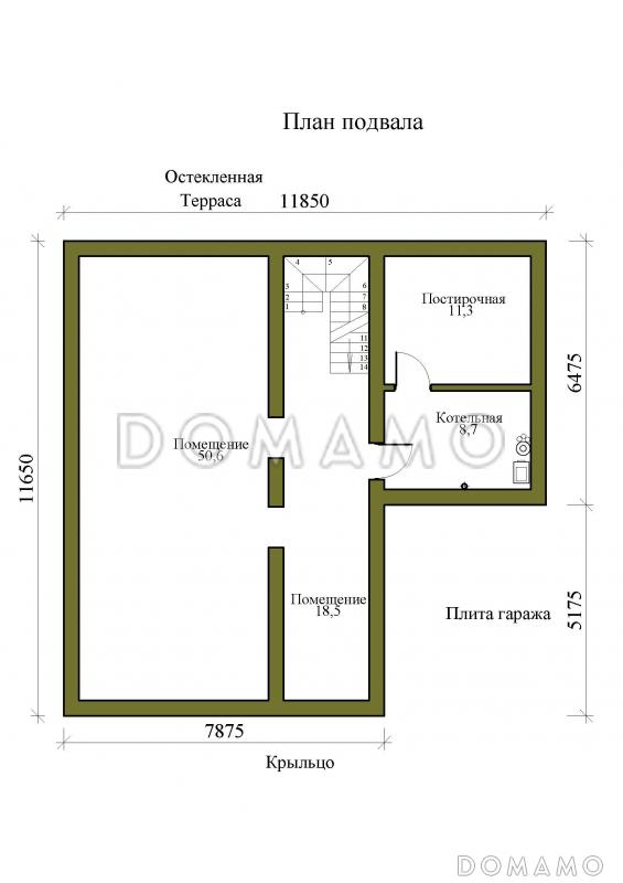 Проект двухэтажного дома с подвалом, гаражом и верандой / План цокольного этажа