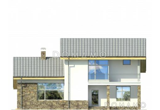 Проект дома с крытой террасой, сауной и душевой, двумя спальнями на первом этаже, гостиной с камином, балконом, вторым светом / Фасад 4