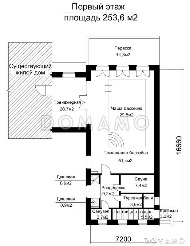 Проект помещения бассейна пристроенного к существующему жилому дому / План 1 этажа Проект помещения бассейна пристроенного к существующему жилому дому / План 1 этажа