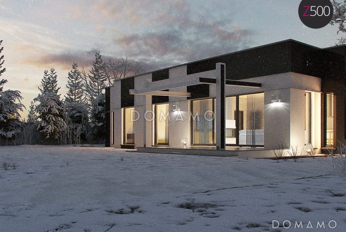 Проект современного одноэтажного дома из кирпича со светлой просторной гостиной и тремя спальнями в стиле хай-тек