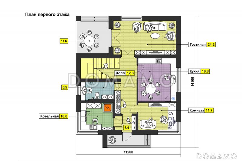 Проект дома с террасами, мансардными окнами, балконом, комнатой отдыха на первом этаже / План 1 этажа