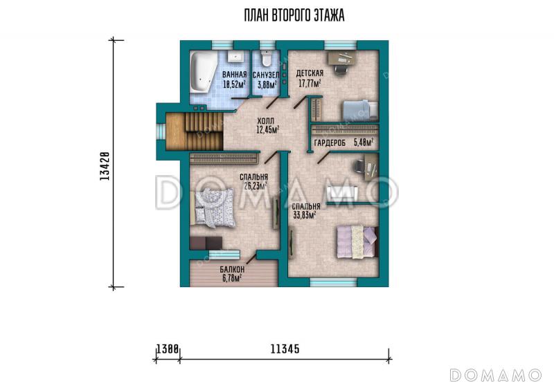Проект дома с 3 спальнями, кабинетом, длинной угловой террасой и окнами в пол / План мансардного этажа