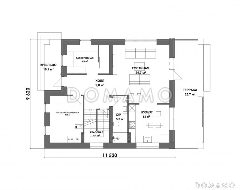 Проект дома из газобетона с 3 спальнями и ванной на втором этаже / План 1 этажа