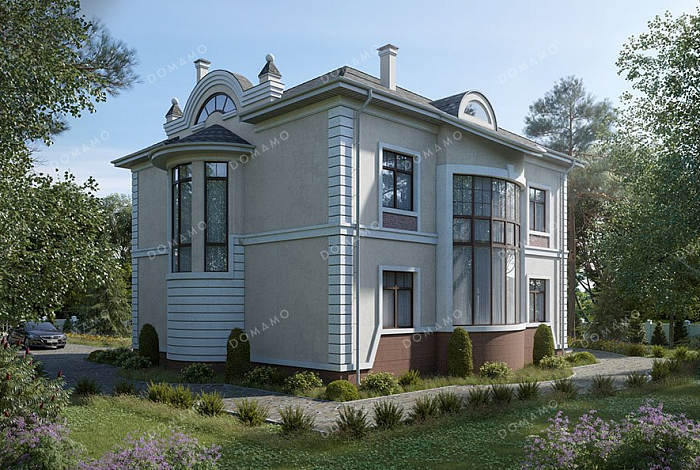 Проект двухэтажного дома с мансардой, четырьмя спальнями и балконом