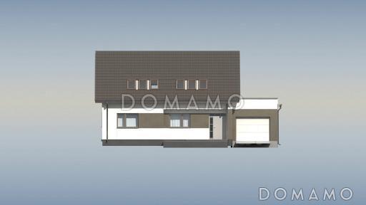 Проект одноэтажного коттеджа из кирпича с мансардным этажом, большой светлой гостиной и пристроенным гаражом / Фасад 3