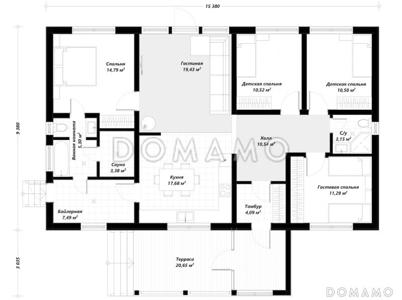 Проект одноэтажного финского дома на 4 спальни, с сауной и террасой / План 1 этажа