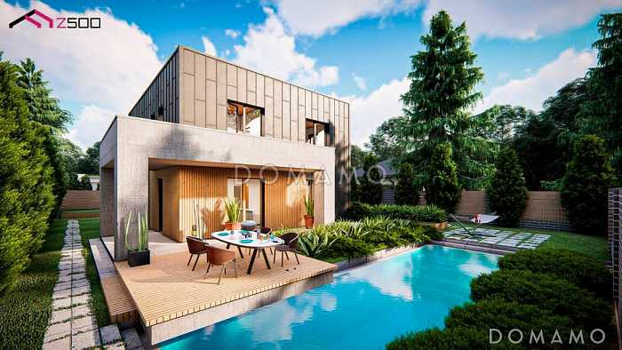 Проект двухэтажного дома с гаражом, входом на кухню из гостиной и прихожей, кладовой, санузлом под лестницей