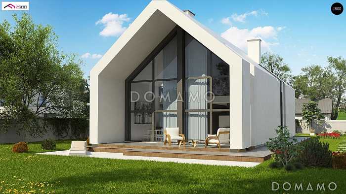 Проект одноэтажного мансардного дома из кирпича с балконом и современными элементами экстерьера и встроенным гаражом