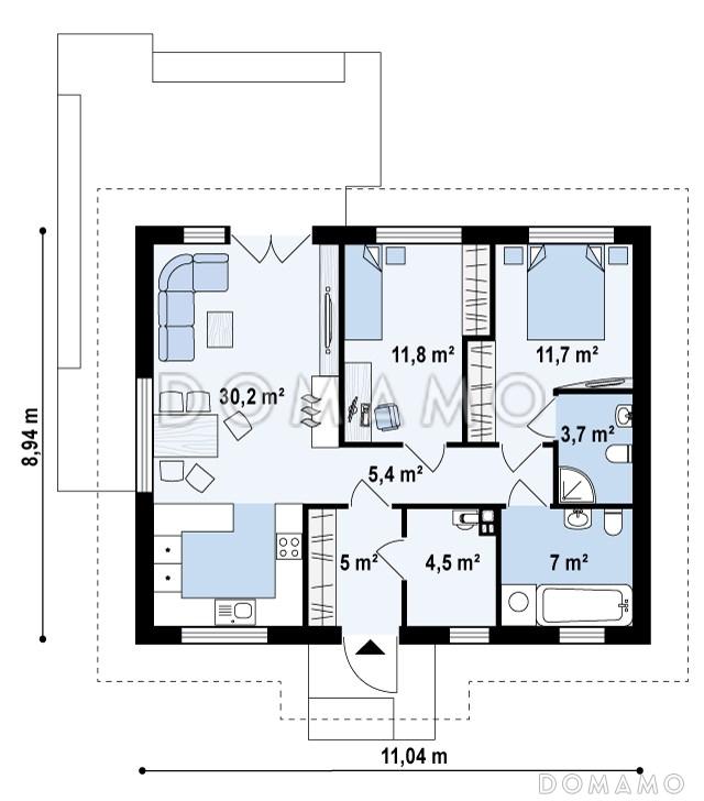 Проект простого компактного одноэтажного дома из кирпича с открытой террасой / План 1 этажа