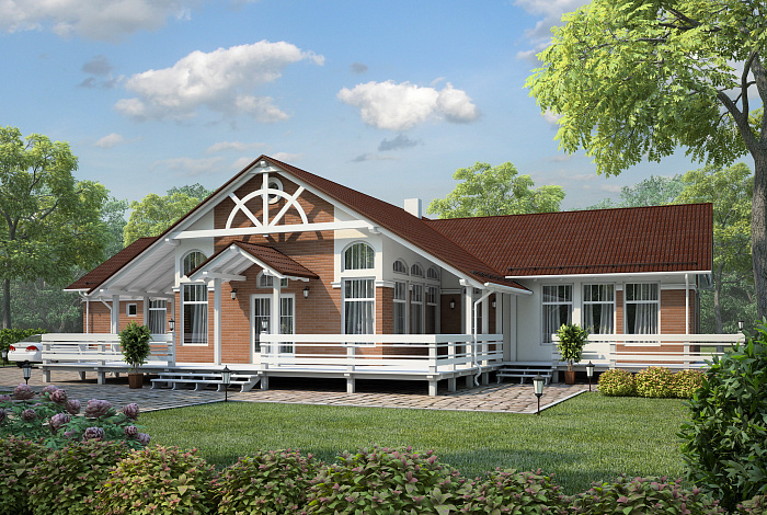 Проект большого одноэтажного дома с обширной террасой и приватной хозяйской территорией