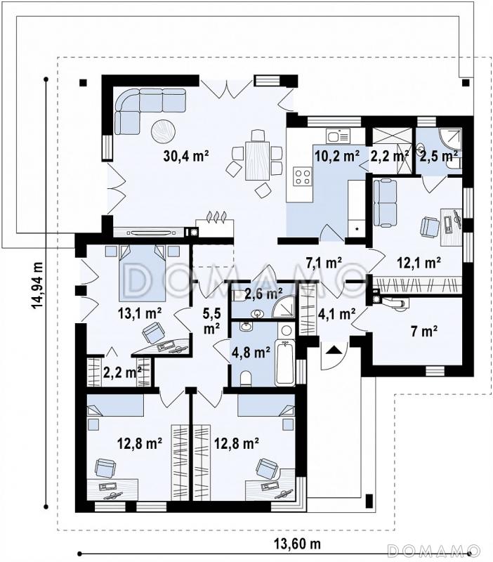Проект одноэтажного дома из кирпича с дневной зоной в тыльной части дома и выходом на большую террасу / План 1 этажа