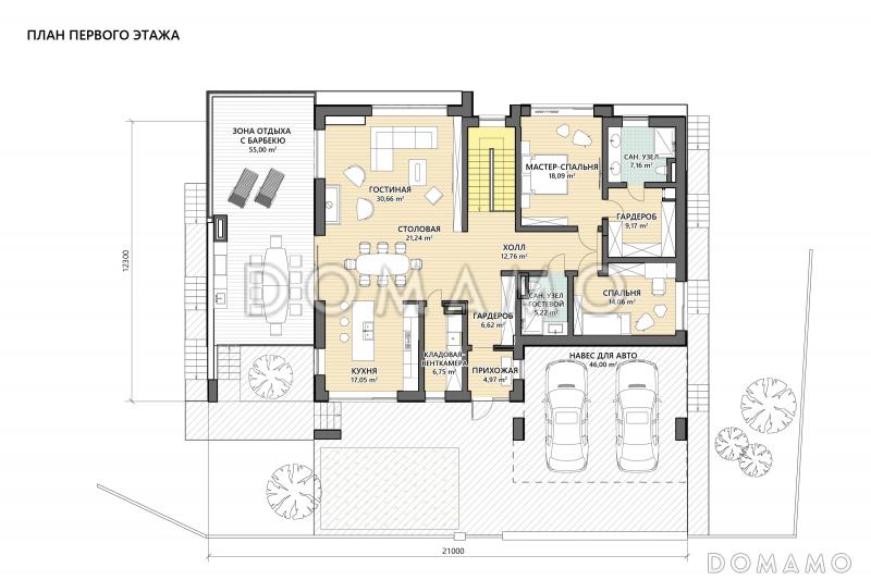 Проект дома в стиле хай-тек, подходящий для неровного участка, с 4 спальнями, большой террасой и навесом для двух автомобилей / План 1 этажа
