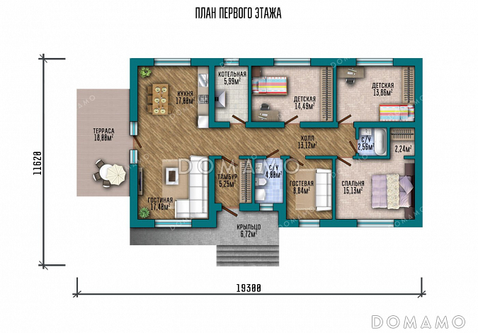 Проект одноэтажного дома с 4 спальнями и открытой террасой / План 1 этажа Проект одноэтажного дома с 4 спальнями и открытой террасой / План 1 этажа
