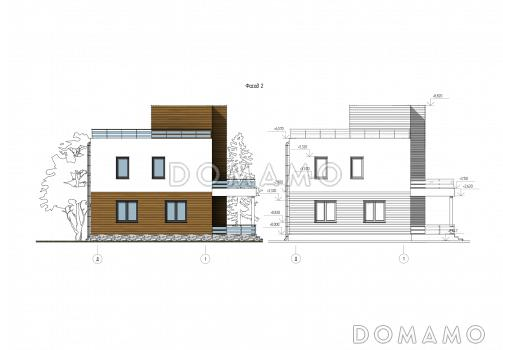 Проект двухэтажного дома с эксплуатируемой кровлей, 4 спальнями, кухней-гостиной и местами для хранения / Фасад 2