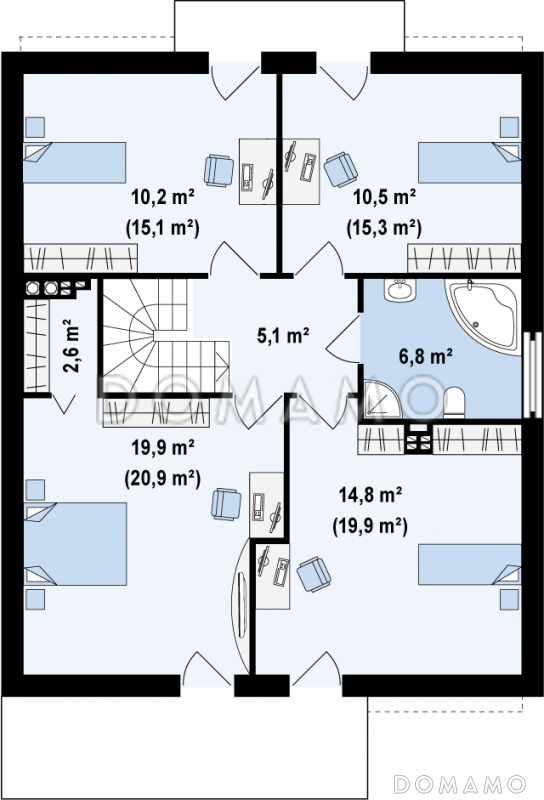 Проект просторного современного одноэтажного дома из кирпича  с мансардой, с двумя балконами в кровле и встроенным гаражом / План мансардного этажа